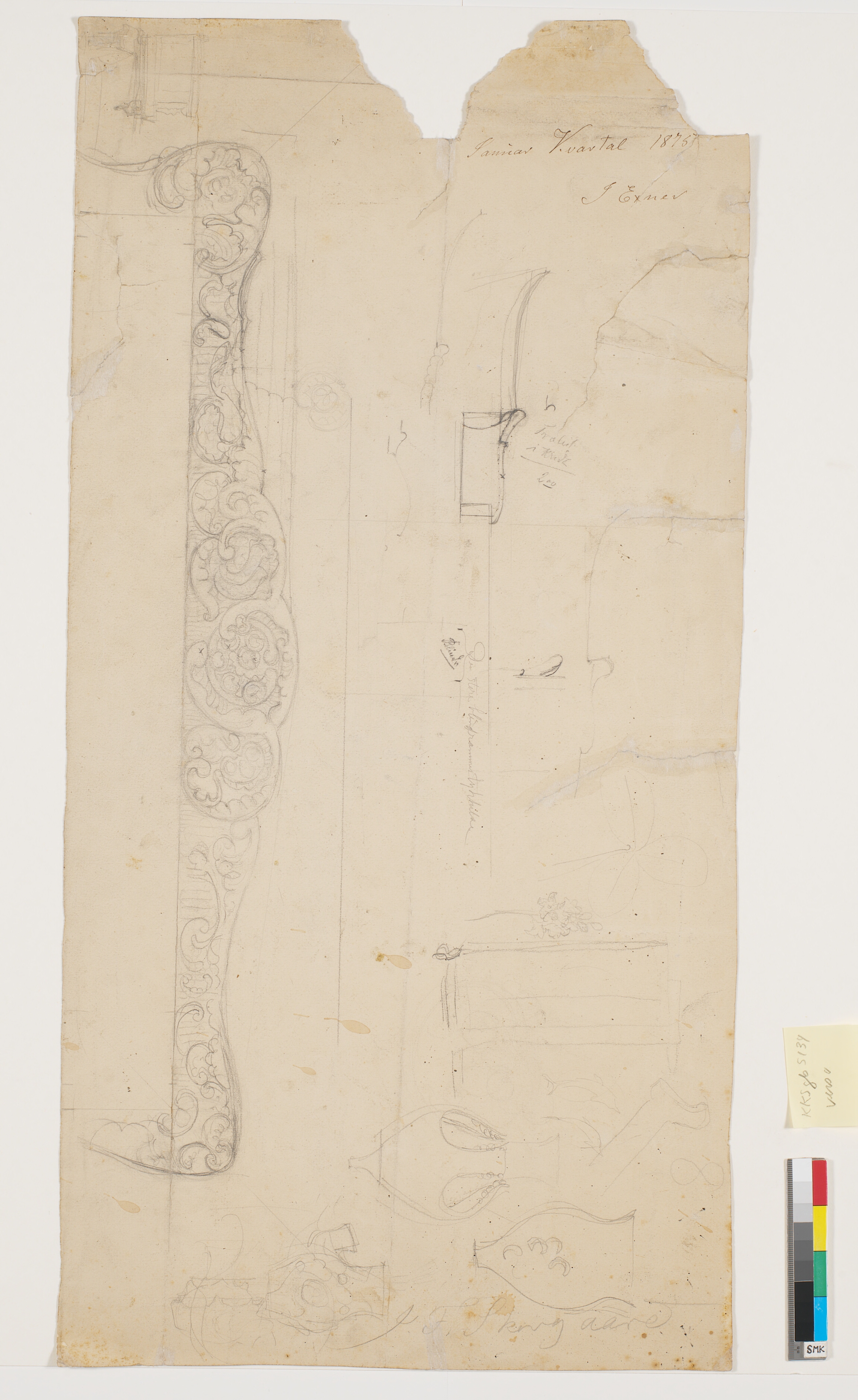 Udkast til vaser og stor ornamenteret overligger, muligvis til møbel